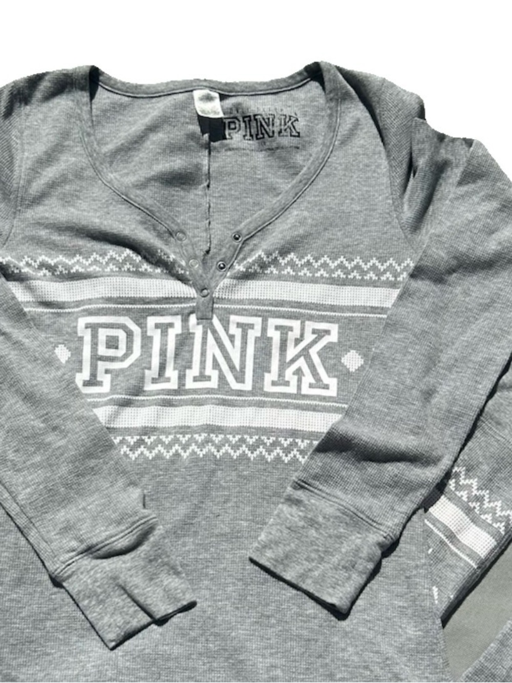 Victoria’s Secret PINK Gray Fair Isle Thermal Union Suit Onesie Butt Flap